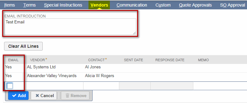 Create and send a Request For Quote to one or more Vendors