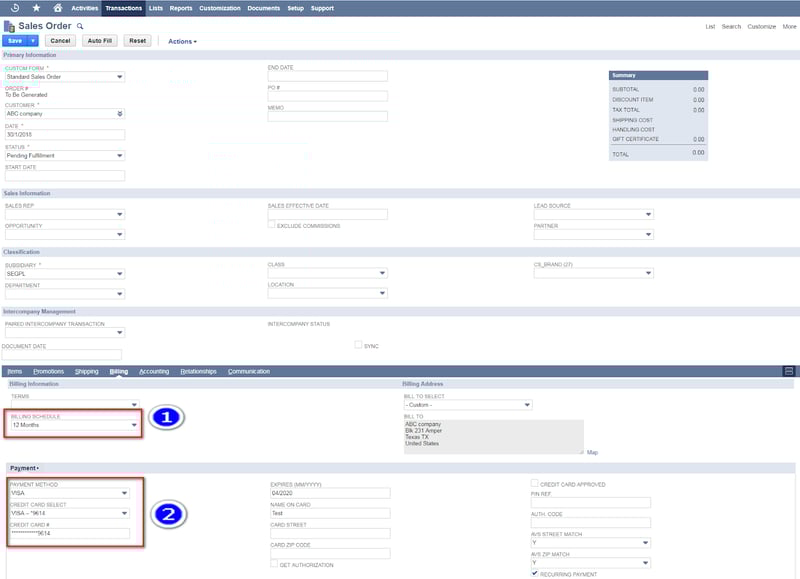 Setting up Recurring Billing for Sales Order