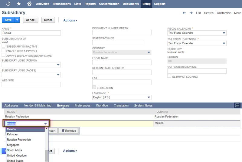 How to Add or Remove Nexuses from a Subsidiary