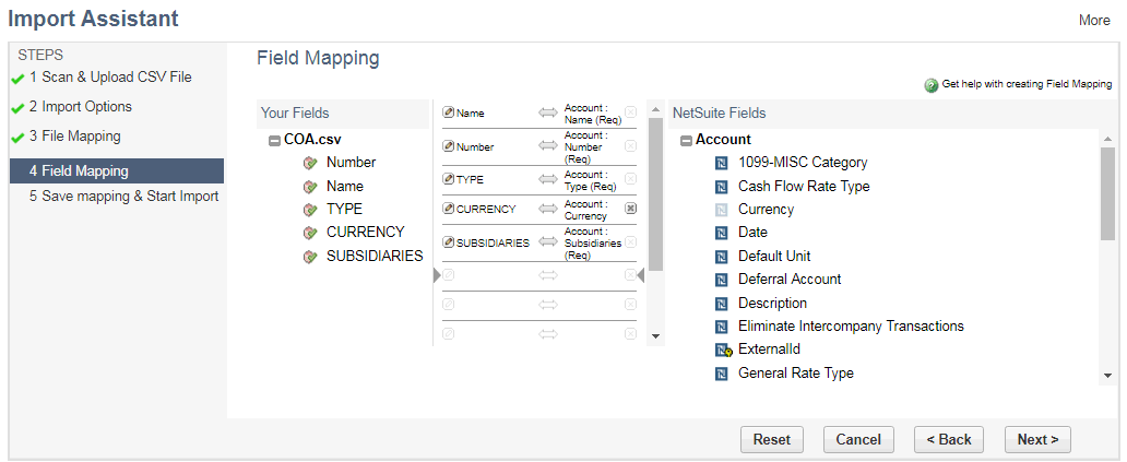 Creation of Chart of Accounts in NetSuite.